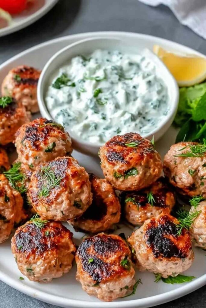 Plate of golden Greek turkey meatballs with creamy tzatziki sauce and fresh dill garnish on a white plate