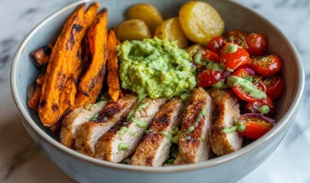 Grilled Herb Chicken Bowl with Sweet Potato Fries