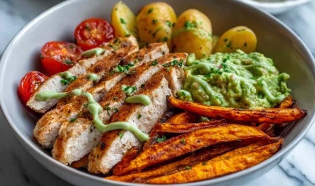 Grilled herb chicken bowl with sweet potato fries, avocado salsa, and quinoa served in a white bowl