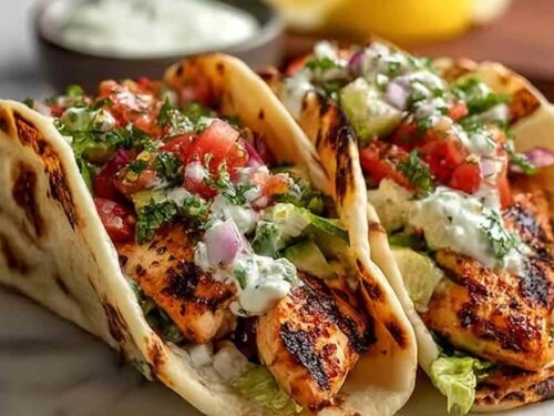 Three Grilled Mediterranean Chicken Tacos on a wooden board topped with tzatziki sauce, crumbled feta, olives, and fresh parsley