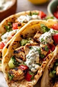 Three Grilled Mediterranean Chicken Tacos on a wooden board topped with tzatziki sauce, crumbled feta, olives, and fresh parsley
