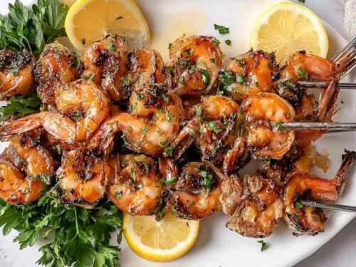 Juicy grilled shrimp on skewers cooking on a hot grill with golden char marks and garlic herb marinade