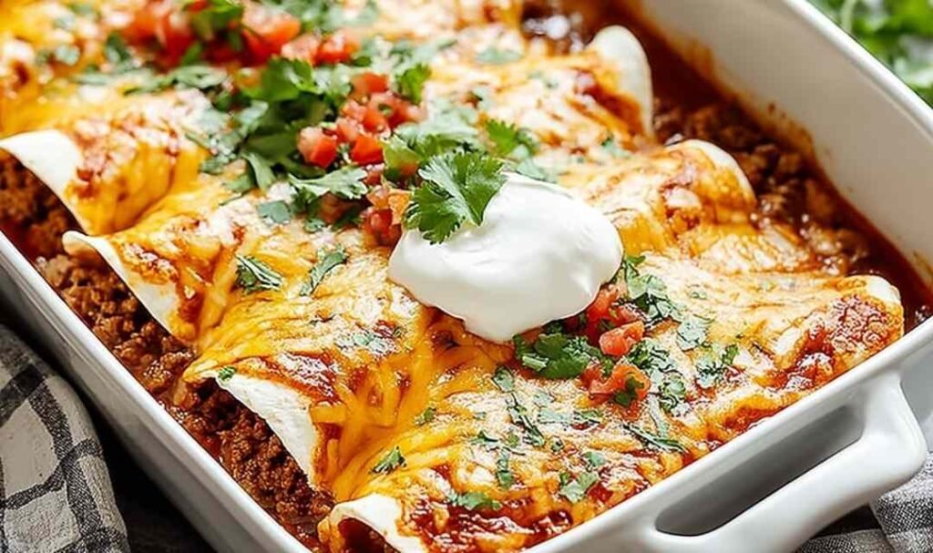 Homemade ground beef enchiladas topped with melted cheese and sour cream in a baking dish