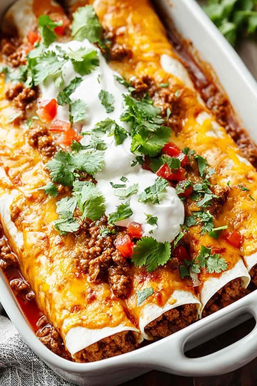 Homemade ground beef enchiladas topped with melted cheese and sour cream in a baking dish