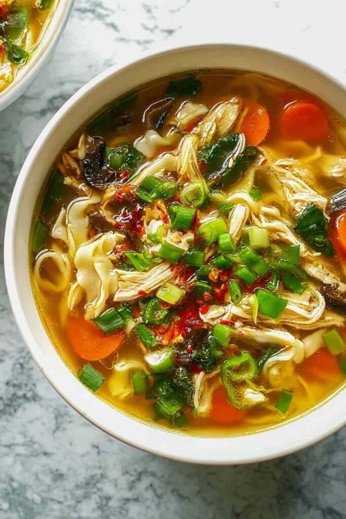 A bowl of Healing Ginger Garlic Chicken Noodle Soup with tender chicken, egg noodles, sliced carrots, and fresh parsley garnish