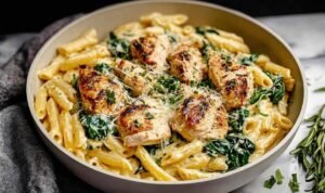 Healthy garlic parmesan chicken pasta in a large skillet topped with fresh parsley