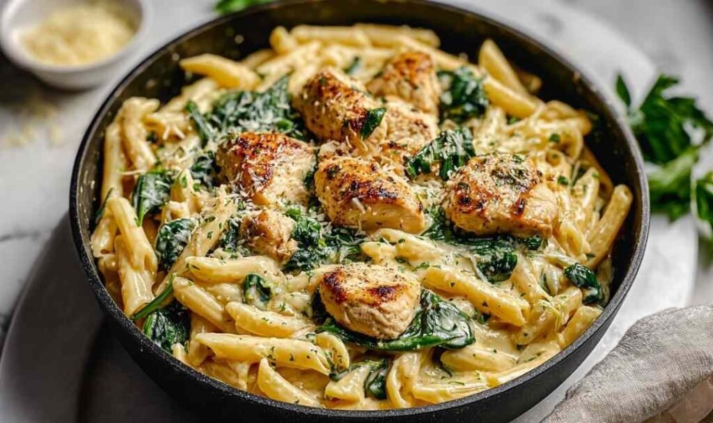Healthy garlic parmesan chicken pasta in a large skillet topped with fresh parsley