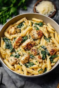 Healthy garlic parmesan chicken pasta in a large skillet topped with fresh parsley