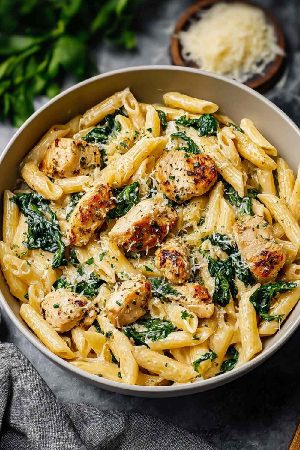 Healthy garlic parmesan chicken pasta in a large skillet topped with fresh parsley