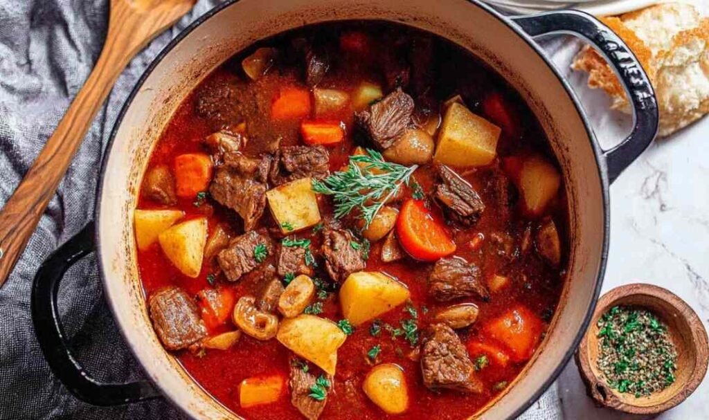 Easy beef stew recipe simmering in a Dutch oven with tender beef, carrots, and potatoes in a rich red wine broth