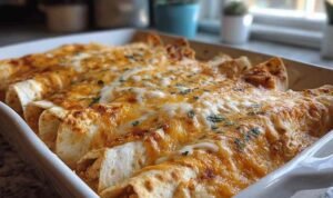 High protein chicken enchiladas with white sauce in a baking dish ready for the oven