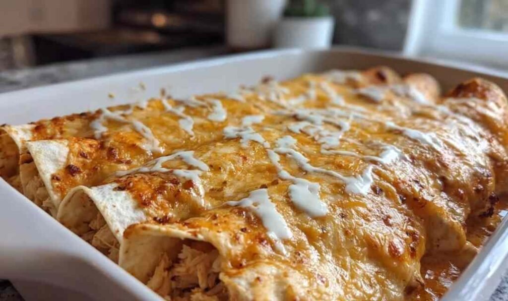 High protein chicken enchiladas with white sauce in a baking dish ready for the oven