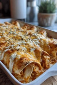 High protein chicken enchiladas with white sauce in a baking dish ready for the oven