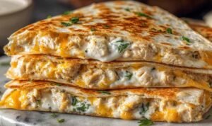 High-Protein Chicken Ranch Quesadilla sliced into three golden triangles on a wooden cutting board