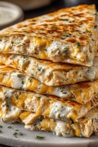 High-Protein Chicken Ranch Quesadilla sliced into three golden triangles on a wooden cutting board