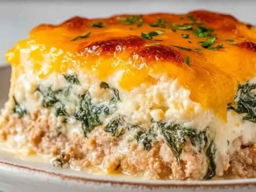 High protein ground turkey casserole golden and bubbly with melted cheddar in a white baking dish