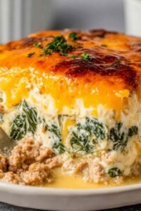 High protein ground turkey casserole golden and bubbly with melted cheddar in a white baking dish