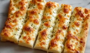 Homemade Cheesy Breadsticks Homemade cheesy breadsticks on a baking sheet with golden bubbly mozzarella and garlic butter