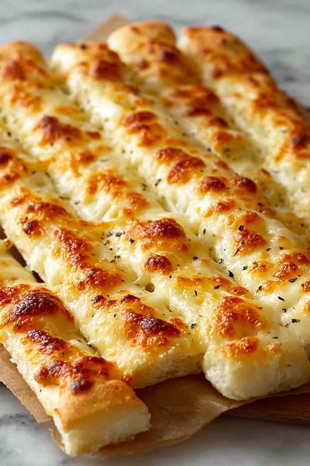 Homemade cheesy breadsticks on a baking sheet with golden bubbly mozzarella and garlic butter