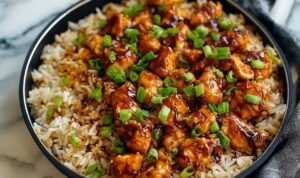 Honey BBQ chicken rice in a large skillet with golden chicken thighs, fluffy rice, and mixed vegetables garnished with chopped green onions