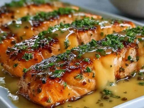 Honey garlic butter baked salmon fillets on a plate with caramelized glaze and lemon slices