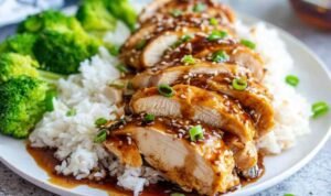 Honey Garlic Instant Pot Chicken Breast Sliced honey garlic Instant Pot chicken breast served over white rice with steamed broccoli and glossy sauce drizzled on top