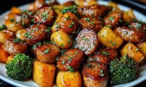 Honey Garlic Sheet Pan Sausage with sweet potatoes and broccoli on a sheet pan fresh from the oven