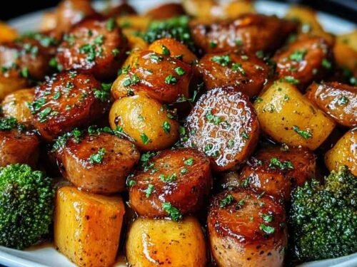 Honey Garlic Sheet Pan Sausage with sweet potatoes and broccoli on a sheet pan fresh from the oven
