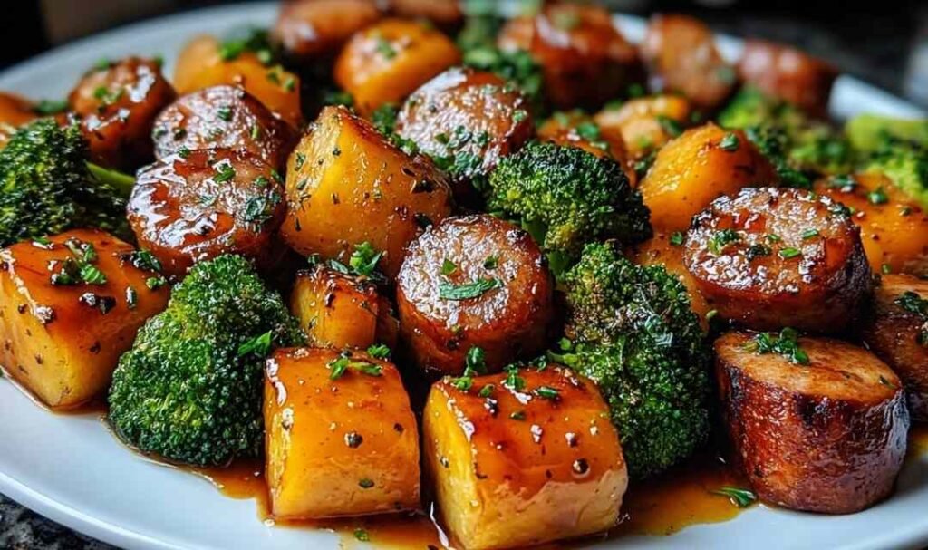 Honey Garlic Sheet Pan Sausage with sweet potatoes and broccoli on a sheet pan fresh from the oven