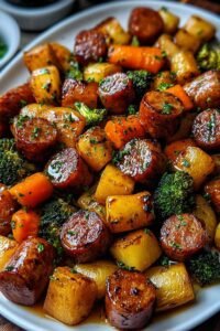 Honey Garlic Sheet Pan Sausage with sweet potatoes and broccoli on a sheet pan fresh from the oven