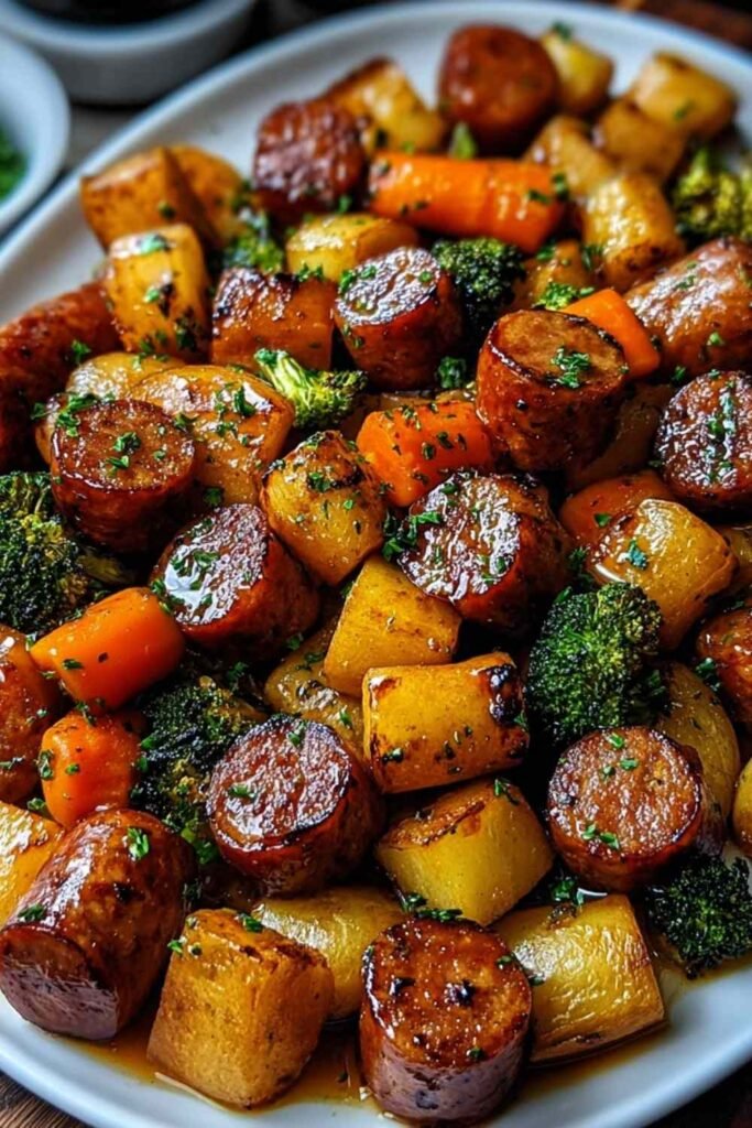 Honey Garlic Sheet Pan Sausage with sweet potatoes and broccoli on a sheet pan fresh from the oven