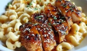 Honey pepper chicken mac and cheese served on a plate with sticky glazed chicken slices over creamy cheddar macaroni