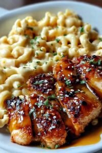 Honey pepper chicken mac and cheese served on a plate with sticky glazed chicken slices over creamy cheddar macaroni