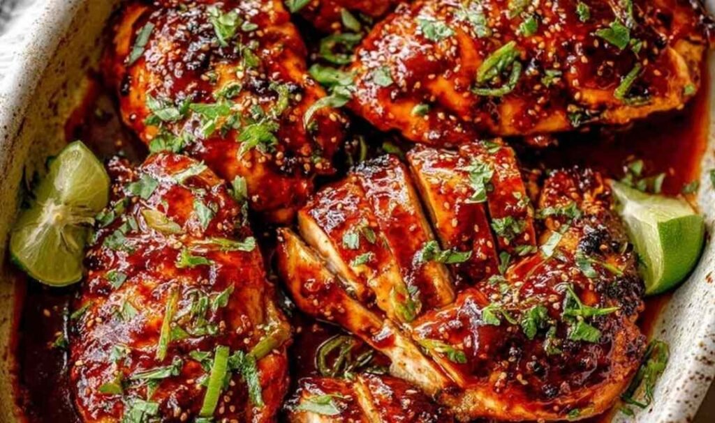 Honey sriracha chicken breasts in a baking dish coated in sticky sweet and spicy glaze garnished with sesame seeds and lime