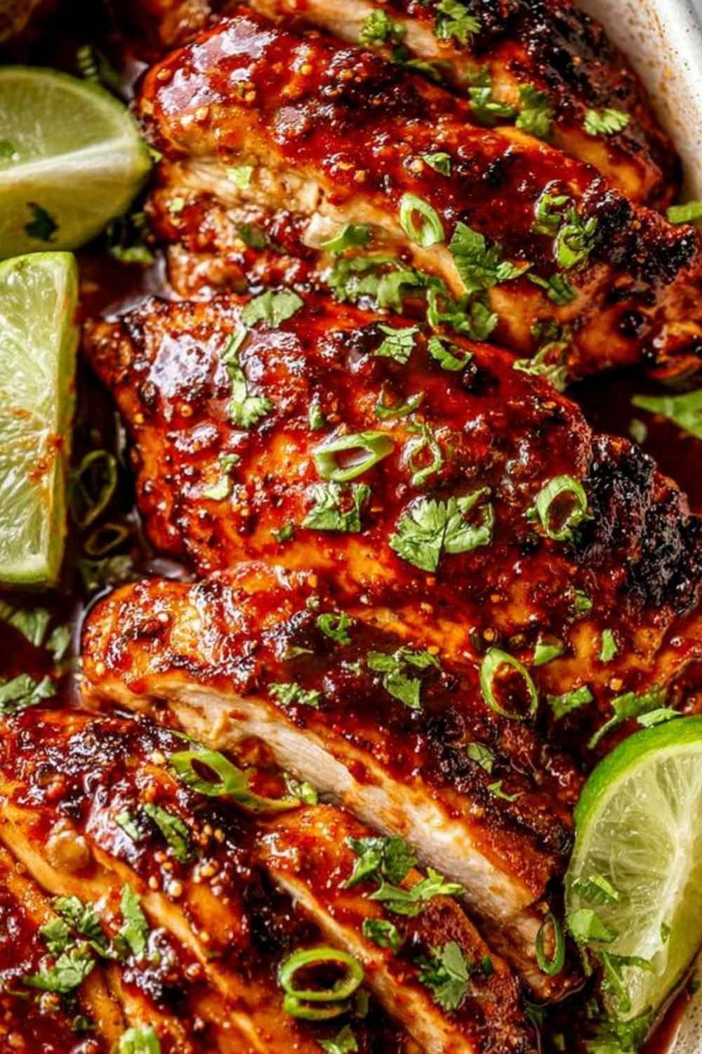 Honey sriracha chicken breasts in a baking dish coated in sticky sweet and spicy glaze garnished with sesame seeds and lime