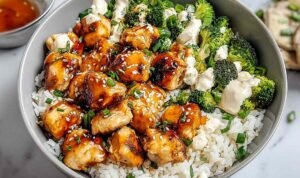 Hot Honey Chicken Bowl Hot Honey Chicken Bowl in a skillet with sticky honey glaze coating seared chicken, bell peppers, broccoli, and snap peas