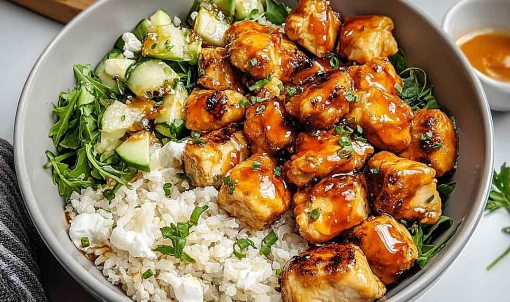 Hot Honey Chicken Bowl in a skillet with sticky honey glaze coating seared chicken, bell peppers, broccoli, and snap peas