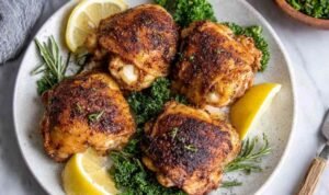 Instant Pot Chicken Thighs Juicy instant pot chicken thighs with golden seared skin served on a white plate with pan gravy and chopped parsley