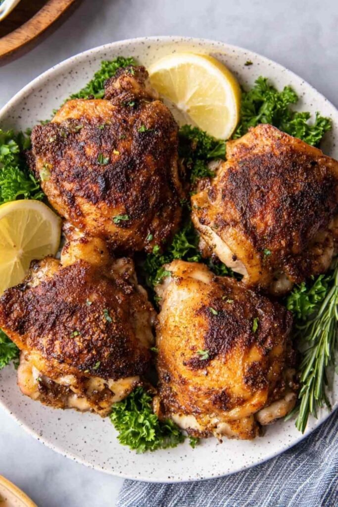 Juicy instant pot chicken thighs with golden seared skin served on a white plate with pan gravy and chopped parsley