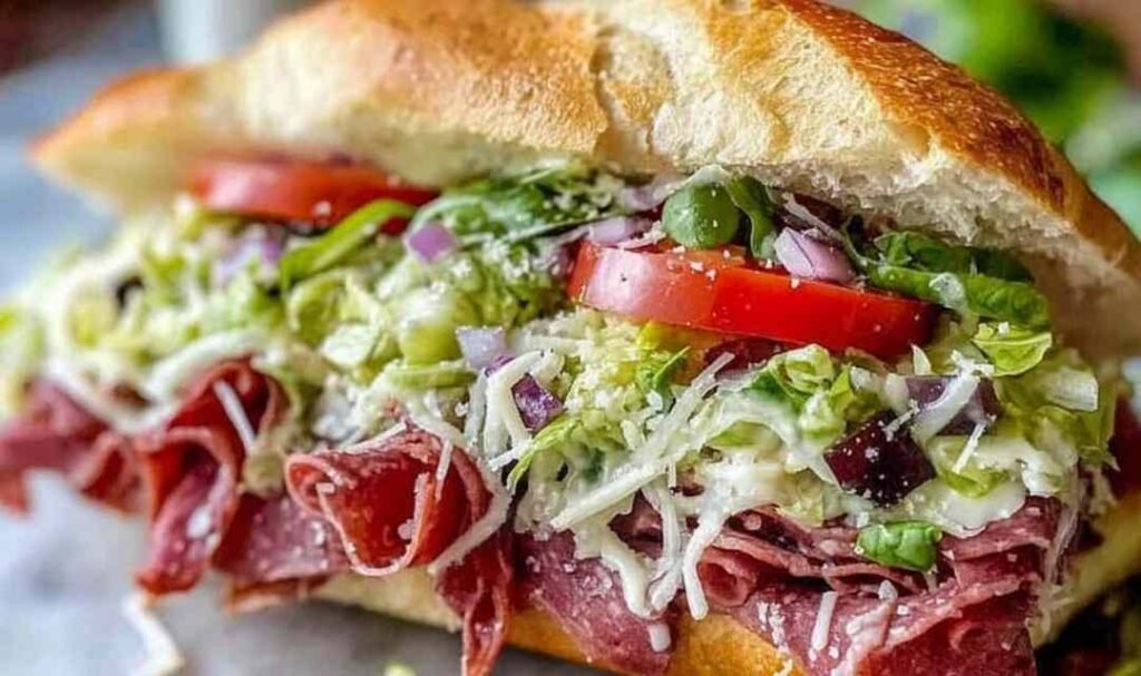 Close-up of an Italian Grinder Salad Sandwich stacked with deli meats and tangy chopped salad on a toasted sub roll