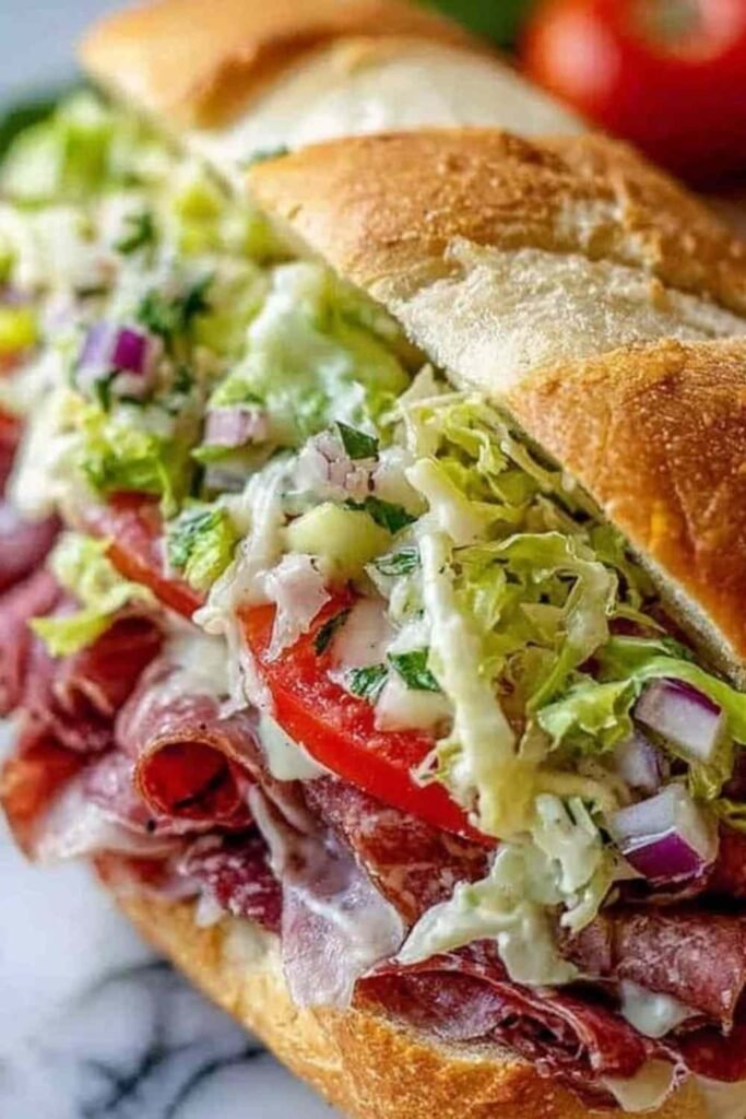 Close-up of an Italian Grinder Salad Sandwich stacked with deli meats and tangy chopped salad on a toasted sub roll