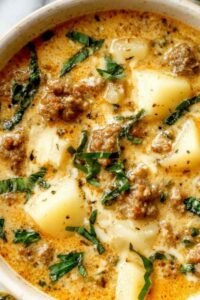 Bowl of Italian sausage and potato soup with creamy broth, wilted greens, and freshly grated Parmesan