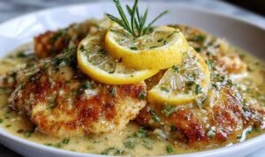 Lemon chicken Romano searing in a skillet with a deep golden crust and lemon Parmesan sauce forming in the pan