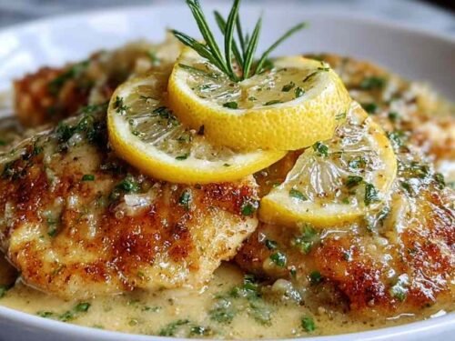 Lemon chicken Romano searing in a skillet with a deep golden crust and lemon Parmesan sauce forming in the pan