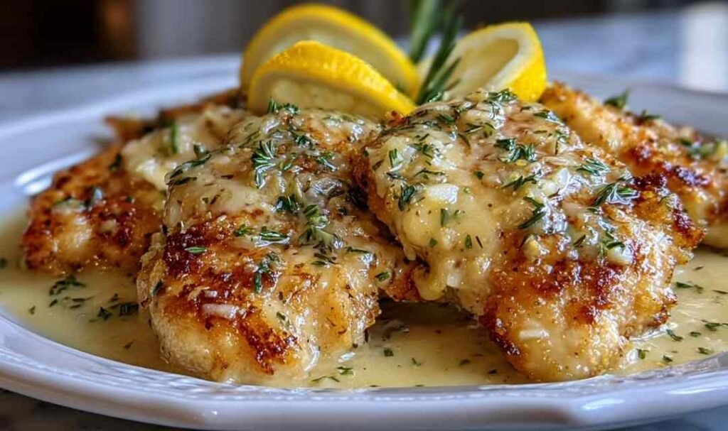 Lemon chicken Romano searing in a skillet with a deep golden crust and lemon Parmesan sauce forming in the pan
