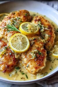 Lemon chicken Romano searing in a skillet with a deep golden crust and lemon Parmesan sauce forming in the pan