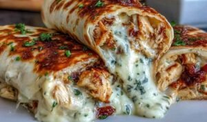 Low Carb Cheesy Garlic Chicken Wraps Low carb cheesy garlic chicken wraps golden and crispy in a skillet ready to slice