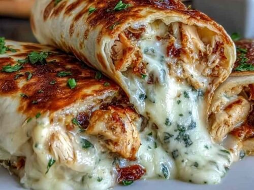 Low carb cheesy garlic chicken wraps golden and crispy in a skillet ready to slice