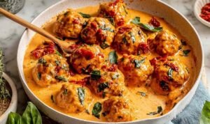 Marry Me Chicken Meatballs Marry Me Chicken Meatballs in a skillet with creamy sun-dried tomato Parmesan sauce and fresh basil
