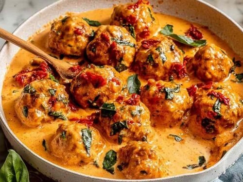 Marry Me Chicken Meatballs in a skillet with creamy sun-dried tomato Parmesan sauce and fresh basil